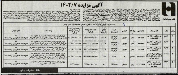 مزایده فروش املاک مازاد ملکی تملیکی