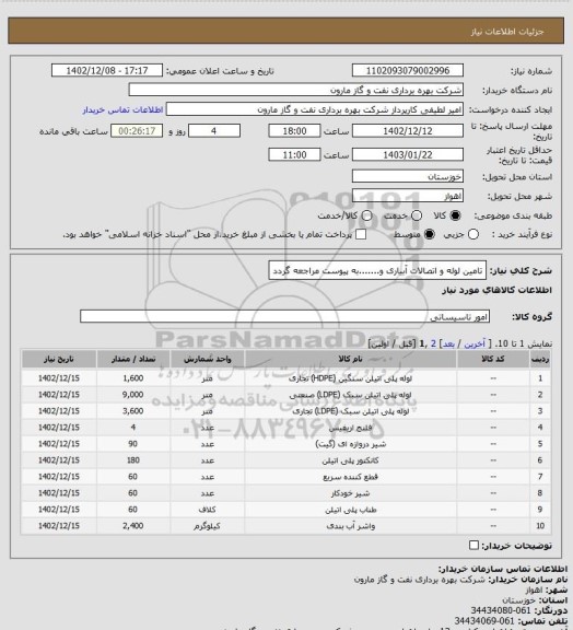 استعلام تامین لوله و اتصالات آبیاری و.......به پیوست مراجعه گردد