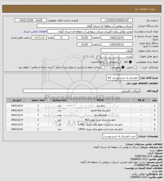 استعلام تابلو برق به شرح پیوست کالا