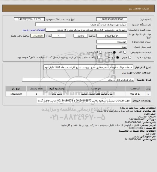 استعلام خدمات  مراقبت موارد مستمر مطابق جدول پیوست شرح کار اسفند ماه 1402 تکرار دوم