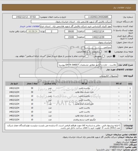 استعلام بالاست ، خازن و ایگنتور مطابق مشخصات DATA  SHEET پیوست