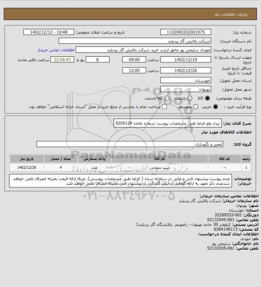 استعلام نیدل ولو   الزاما طبق مشخصات پیوست  شماره تقاضا 0200124