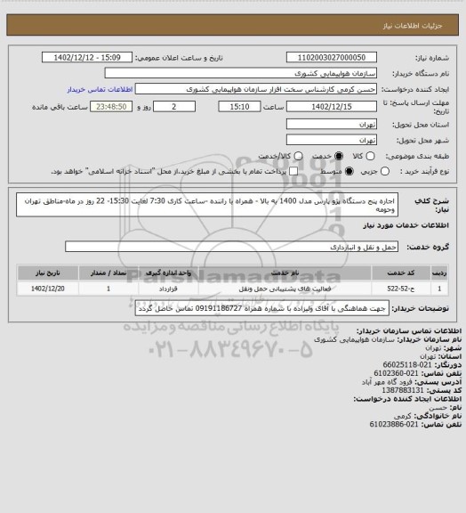 استعلام اجاره پنج دستگاه پژو پارس مدل 1400 به بالا - همراه با راننده -ساعت کاری 7:30 لغایت 15:30- 22 روز در ماه-مناطق تهران وحومه