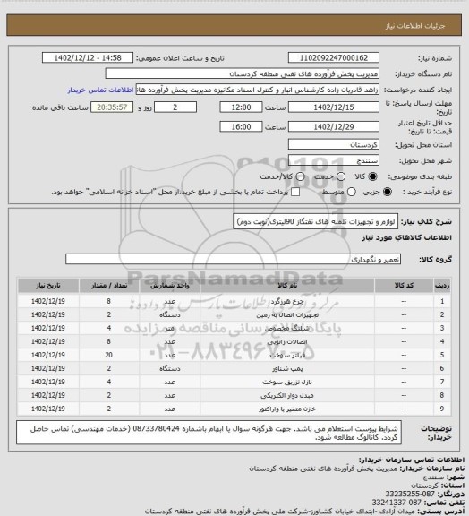 استعلام لوازم و تجهیزات تلمبه های نفتگاز 90لیتری(نوبت دوم)