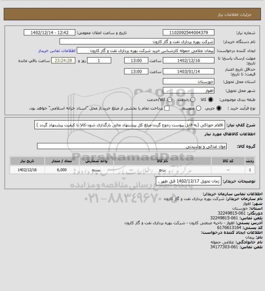 استعلام اقلام خوراکی (به فایل پیوست رجوع گردد-مبلغ کل پیشنهاد مالی بارگذاری شود-کالا با کیفیت پیشنهاد گردد )