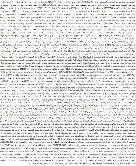 آگهی مزایده سه دانگ مشاع از ششدانگ پلاک 426/3-اصلی و دو دانگ از ششدانگ پلاک 426/5-اصلی