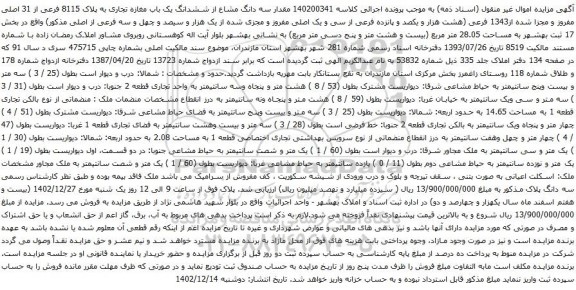 مزایده سه دانگ مشاع از ششدانگ یک باب مغازه تجاری به پلاک 8115 فرعی از 31 اصلی