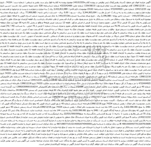 آگهی مزایده یک قطعه آپارتمان نوع ملک طلق با کاربری مسکونی به پلاک ثبتی 13 فرعی از 75 اصلی ، مفروز و مجزا شده از1 فرعی از اصلی