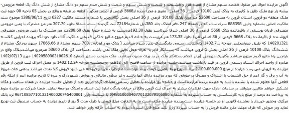 مزایده هفتصد سهم مشاع از هفده هزار و هشتصد و شصت و شش سهم و شصت و شش صدم سهم دو دانگ مشاع از شش دانگ یک قطعه مزروعی