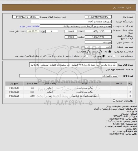 استعلام رنگ درجه یک زرد وآبی جهت گاردریل 400 کیلوگرم- رنگ سفید350 کیلوگرم- تینرروغنی 1200 لیتر