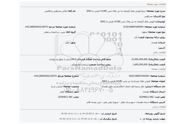 فروش ملک آپارتمان به ش پلاک ثبتی 14185 فرعی از 2043