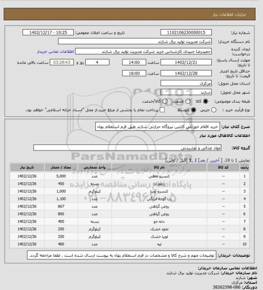 استعلام خرید اقلام خوراکی کانتین نیروگاه حرارتی شازند طبق فرم استعلام بهاء