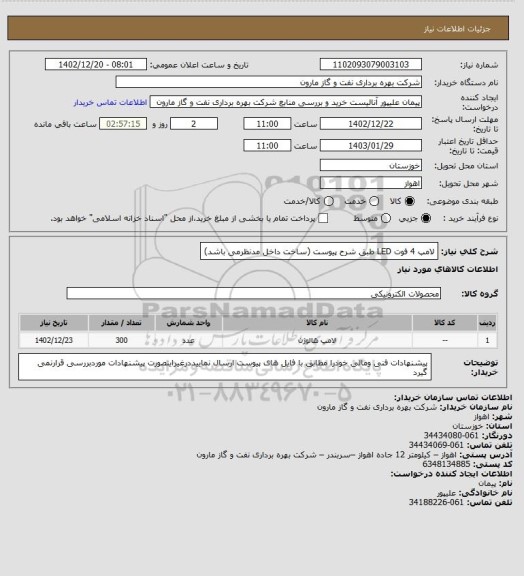 استعلام لامپ 4 فوت LED طبق شرح پیوست (ساخت داخل مدنظرمی باشد)