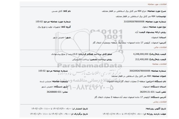 464 متر کابل برق اسقاطی در اقطار مختلف