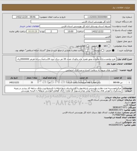 استعلام طرح توانمندسازی خانواده محور همیار مادر وکودک تعداد 35 نفر دریک دوره 24ساعته سرانه هرنفر 5500000ریال