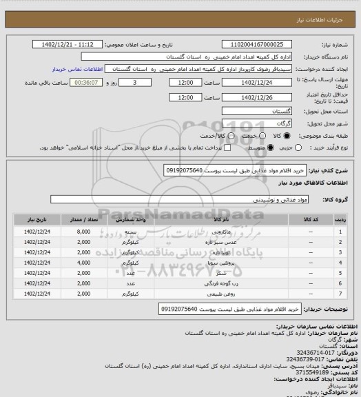 استعلام خرید اقلام مواد غذایی طبق لیست پیوست 09192075640