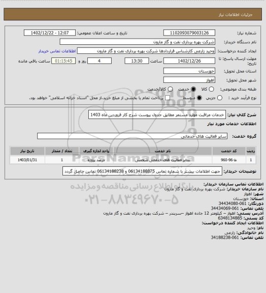 استعلام خدمات  مراقبت موارد مستمر مطابق جدول پیوست شرح کار فروردین ماه 1403