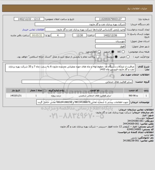 استعلام مراقبت از ابزارآلات،دستگاه ها ،خطوط لوله و چاه های حوزه عملیاتی محدوده مارون 6 به سمت چاه 7 و 35 شرکت بهره برداری نفت و گاز مارون فروردین ماه 1403