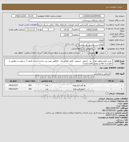 استعلام خرید انواع پچکورد نوری ، پر ، آدابتور ، اسپلیتر ، کابل کواکسیال ، کانکتور جهت زیر ساخت استان کرمان ( درخواست مطابق با فهرست مقادیر پیوست می باشد)