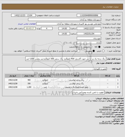 استعلام رنگ درجه یک زرد و آبی جهت گاردریل 400 کیلوگرم- رنگ سفید 350 کیلوگرم-تینر روغنی 1200 لیتر