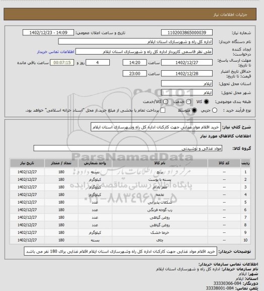 استعلام خرید اقلام مواد غذایی جهت کارکنان اداره کل راه وشهرسازی استان ایلام