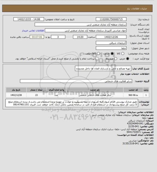 استعلام تهیه مصالح و تعمیر و بازسازی المان ها داخل محدوده