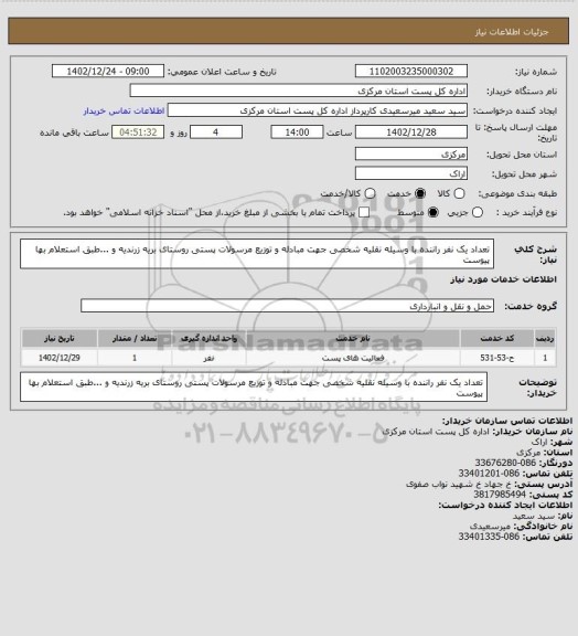 استعلام تعداد یک نفر راننده با وسیله نقلیه شخصی جهت مبادله و توزیع مرسولات پستی روستای بریه زرندیه     و ...طبق استعلام بها پیوست