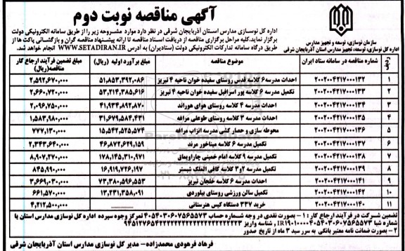 مناقصه احداث مدرسه 6 کلاسه قدس روستای سفیده خوان...- نوبت دوم 