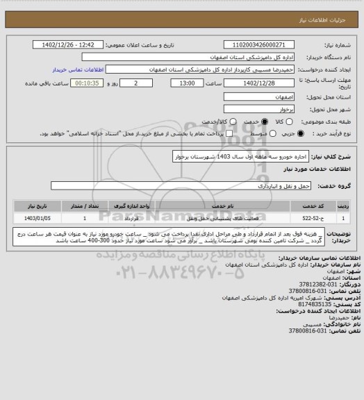 استعلام اجاره خودرو سه ماهه اول  سال 1403 شهرستان برخوار