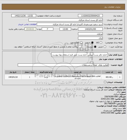 استعلام اجاره دفتر پست زیرزمین اداره پست  طبق فرم استعلام بهاء پیوست