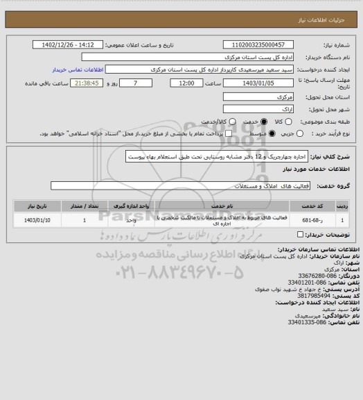 استعلام اجاره چهارچریک و 12 دفتر مشابه روستایی تحت طبق استعلام بهاء پیوست