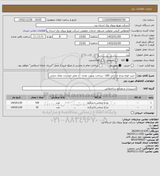 استعلام خرید انواع چراغ خیابانی LED - پرداخت بصورت نقدی - از محل اعتبارات تملک دارایی