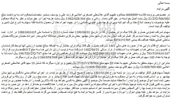 مزایده سهام شرکت تعاونی حمل و نقل کالا نیک ترابر جانبازان 