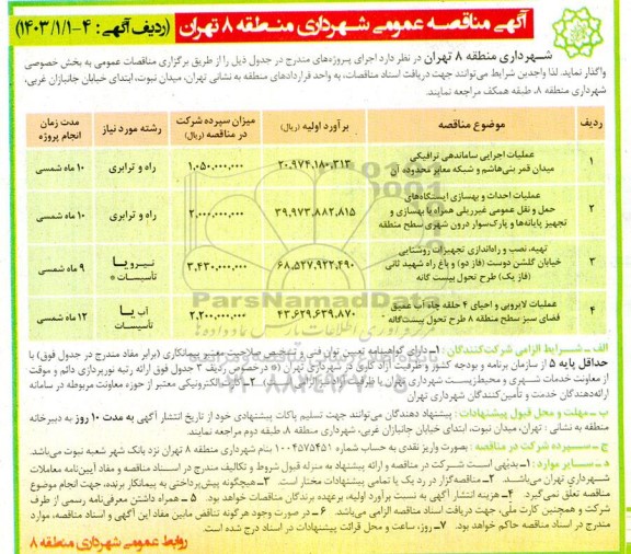 مناقصه عملیات اجرایی ساماندهی ترافیکی میدان ....