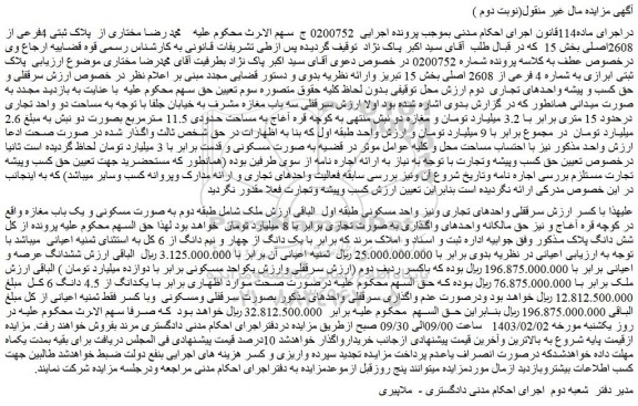 مزایده فروش سرقفلی واحدهای تجاری ونیز واحد مسکونی طبقه اول 