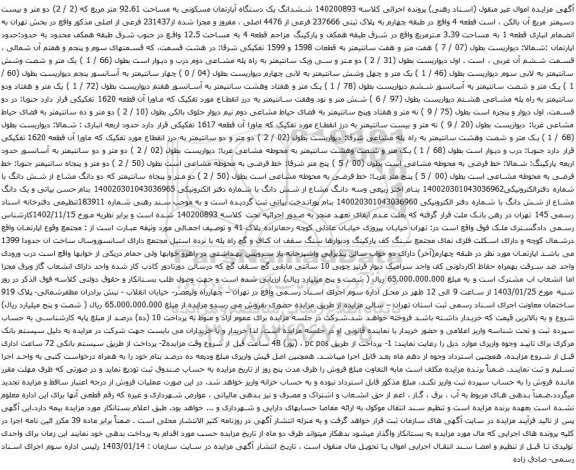 مزایده ششدانگ یک دستگاه آپارتمان مسکونی به مساحت 92.61 متر مربع