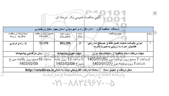 مناقصه اجرای عملیات باقیمانده عملیات تکمیل نقاط بر همسطح سه راهی هفشجان 