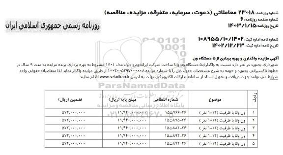 مزایده واگذاری و بهره برداری از 5 دستگاه ون  