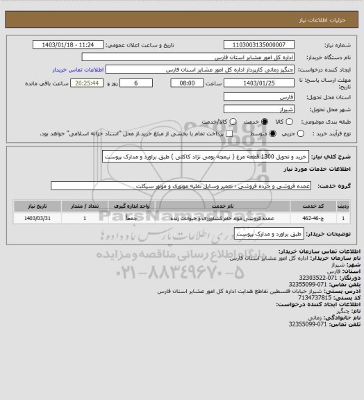 استعلام خرید  و تحویل 1300 قطعه مرغ ( نیمچه بومی نژاد کاکلی ) طبق براورد و مدارک پیوست