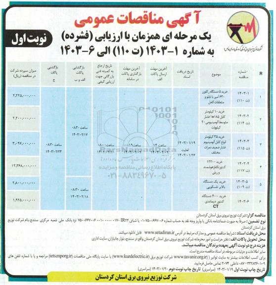 مناقصه خرید 5 دستگاه رکلوزر 630 آمپر با تابلو و متعلقات کامل و ...