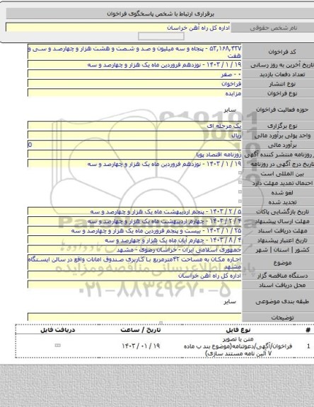 مزایده, اجاره مکان به مساحت ۴۲مترمربع با کاربری صندوق امانات واقع در سالن ایستگاه مشهد