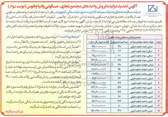 تجدید مزایده فروش واحدهای مجتمع تجاری - مسکونی وانیا چالوس