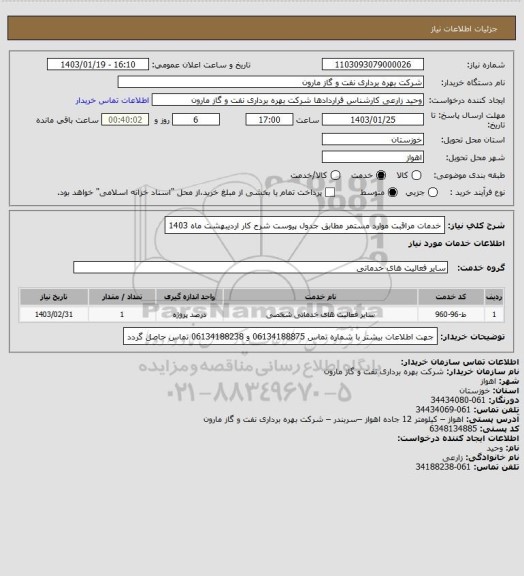 استعلام خدمات  مراقبت موارد مستمر مطابق جدول پیوست شرح کار اردیبهشت ماه 1403