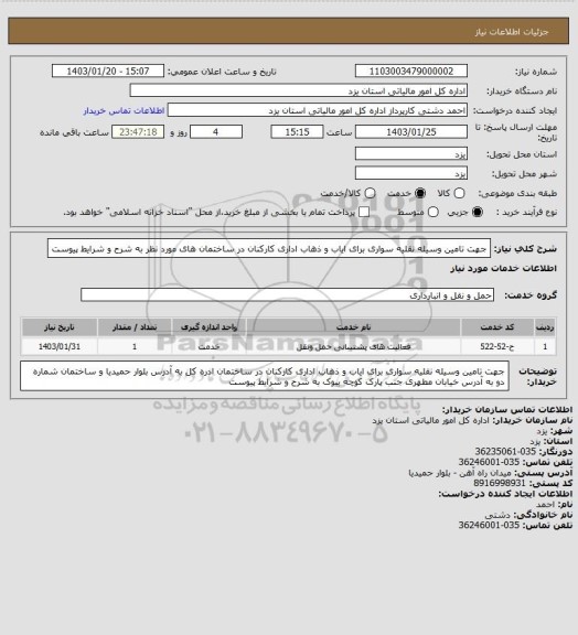 استعلام جهت تامین وسیله نقلیه سواری برای ایاب و ذهاب اداری کارکنان در ساختمان های مورد نظر به شرح و شرایط پیوست