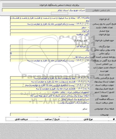 مناقصه, انتقال نیرو و برق رسانی تبدیل سیم به کابل شهر پهله زرین آباد