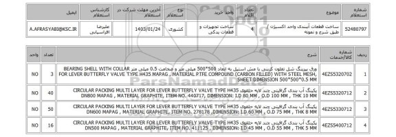 استعلام، ساخت قطعات آببندی واحد اکسیژن / طبق شرح و نمونه