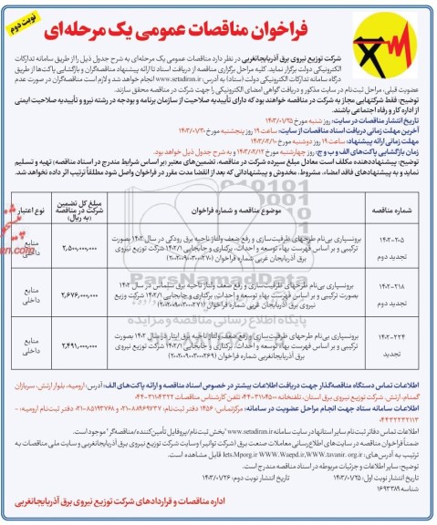 مناقصه برونسپاری بی نام طرحهای ظرفیت سازی و رفع ضعف ولتاژ ...- نوبت دوم