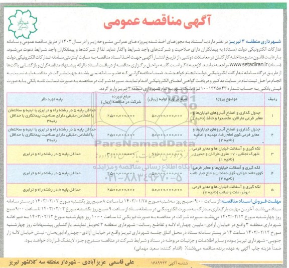 مناقصه جدول گذاری و اصلاح آب روهای خیابانها و معابر ...