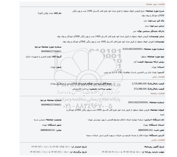 فروش  اموال منقول از قبیل مداد اتود  طرح  فابر کاستل 1400 عدد  و پونز  رنگی 7000و خودکار  و روان نوی