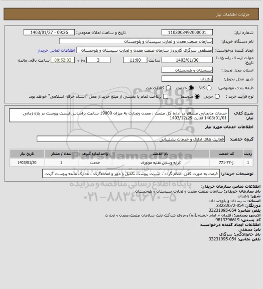 استعلام خدمات جابجایی مسافر در اداره کل صنعت ، معدن وتجارت به میزان 19000 ساعت براساس لیست پیوست در بازه زمانی 1403/01/01 لغایت 1403/12/29